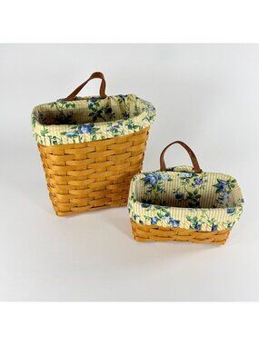 Longaberger1995  Vintage 2 Handwoven Basket Set W/ Floral Liners Leather Handles